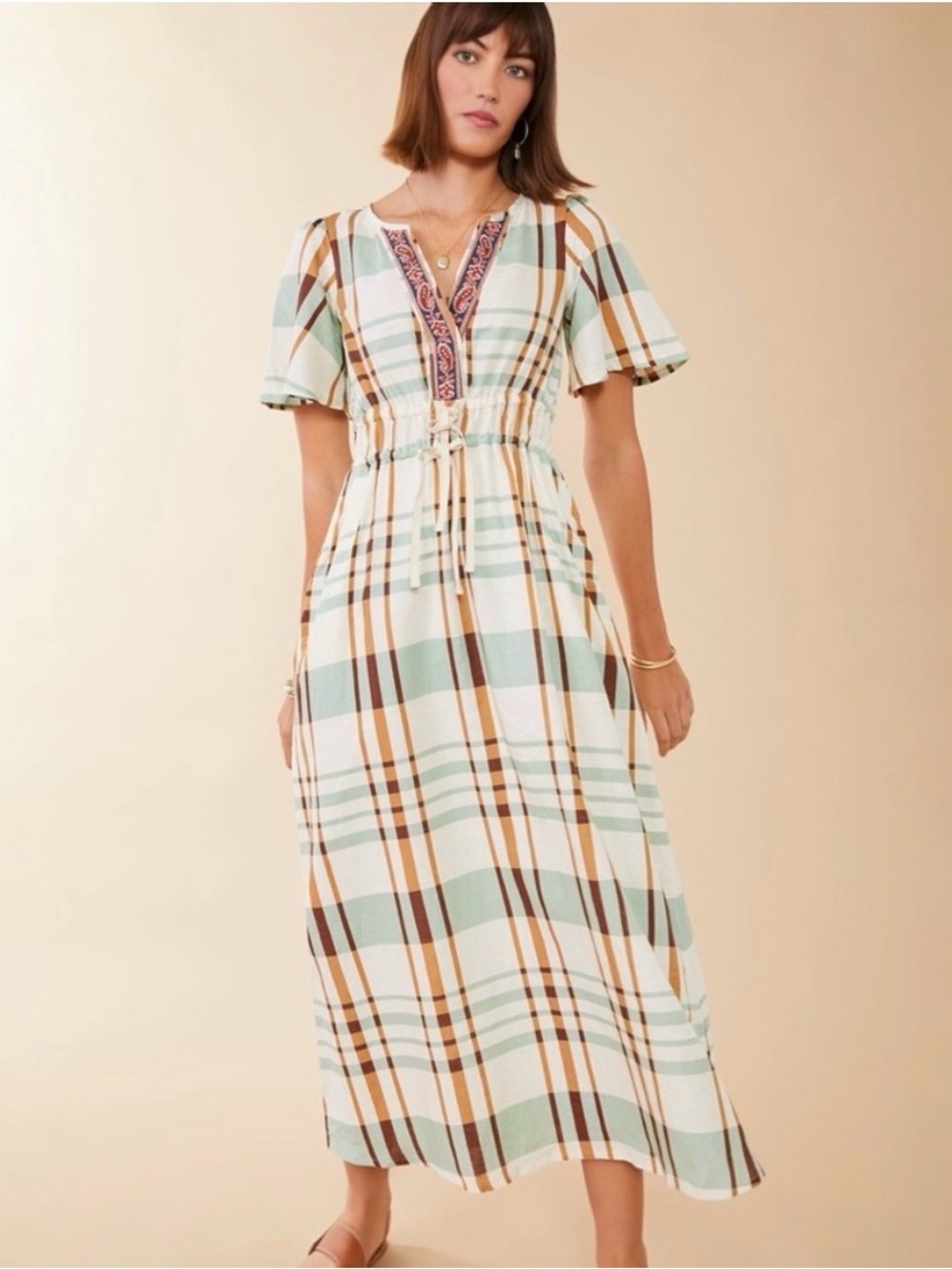Spartina 449 Sage, Cream and Brown Plaid Drawstring Maxi Dress - Picture 2 of 6